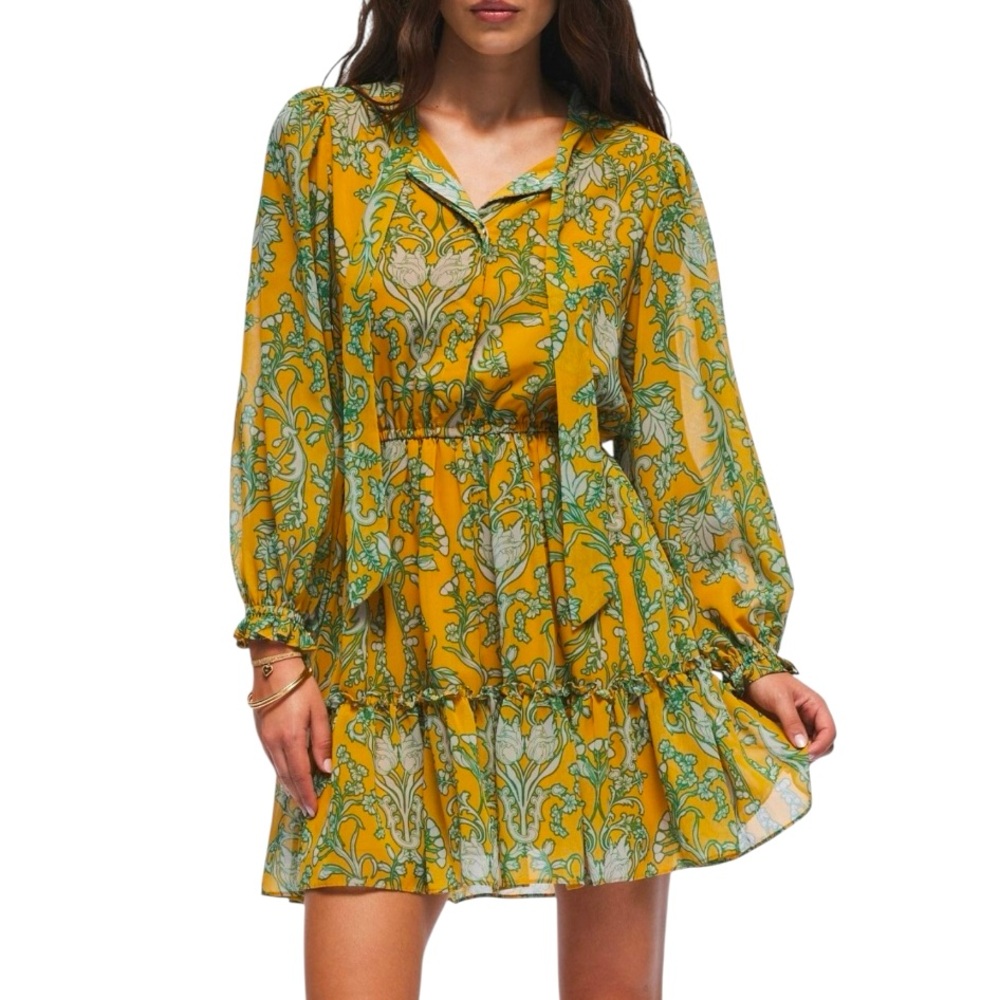 NWT Hermoza Tie Collar Neck Dress In Saffron Yellow & Green Tiered $248